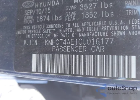 2016 Hyundai Accent Se z USA, uszkodzony, nr VIN KMHCT4AE1GU016177